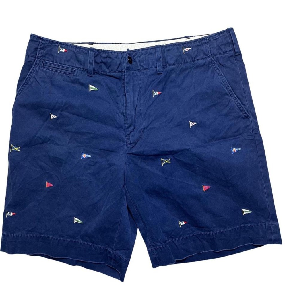 Polo Ralph Lauren Chino Shorts Mens 38 Navy Blue Nautical Flag print Embroidered